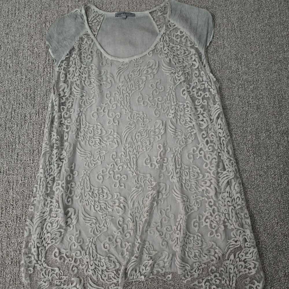 Tempo Paris Gray Sheer Lace Silk Blend Tunic Top Italy Lagenlook Boho S